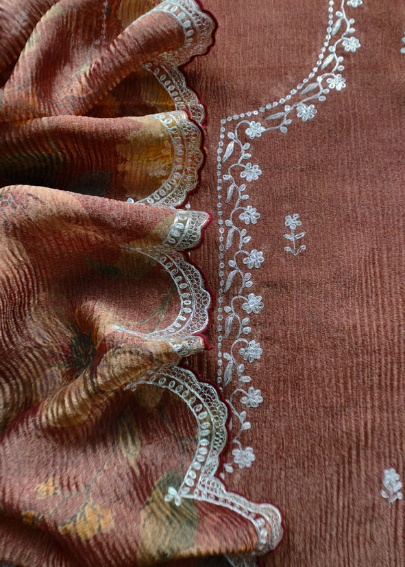 Chocolate Brown Handloom Crushed Tissue Silk Kurta And Brushprint Dupatta With Gold Pitta Work