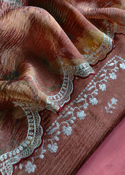 Chocolate Brown Handloom Crushed Tissue Silk Kurta And Brushprint Dupatta With Gold Pitta Work