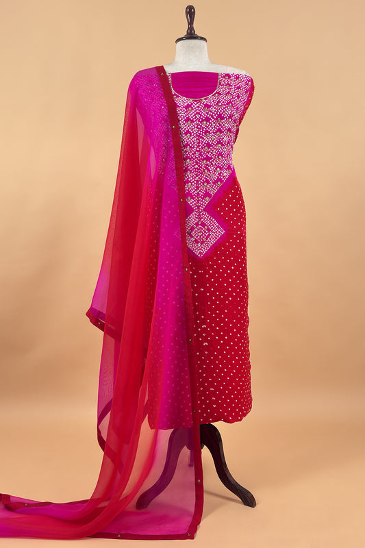 Red Pink Handloom Gajji Silk Suit And Hand-Dyed Bandhani With Sequin Dori Embroidery