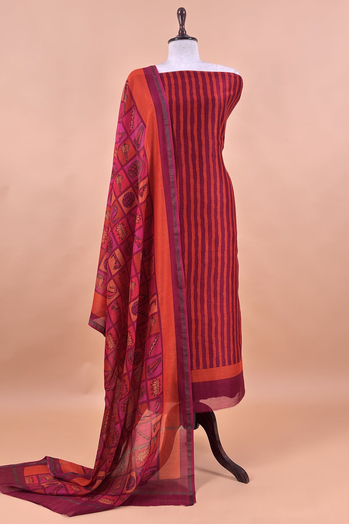 Orange and Red Pure Maheshwari Silk suit With Hand-block Print Dupatta