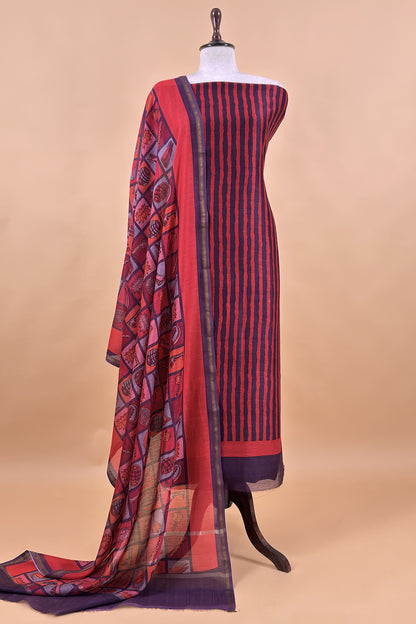 Blue and Red Pure Maheshwari Silk suit With Hand-block Print Dupatta