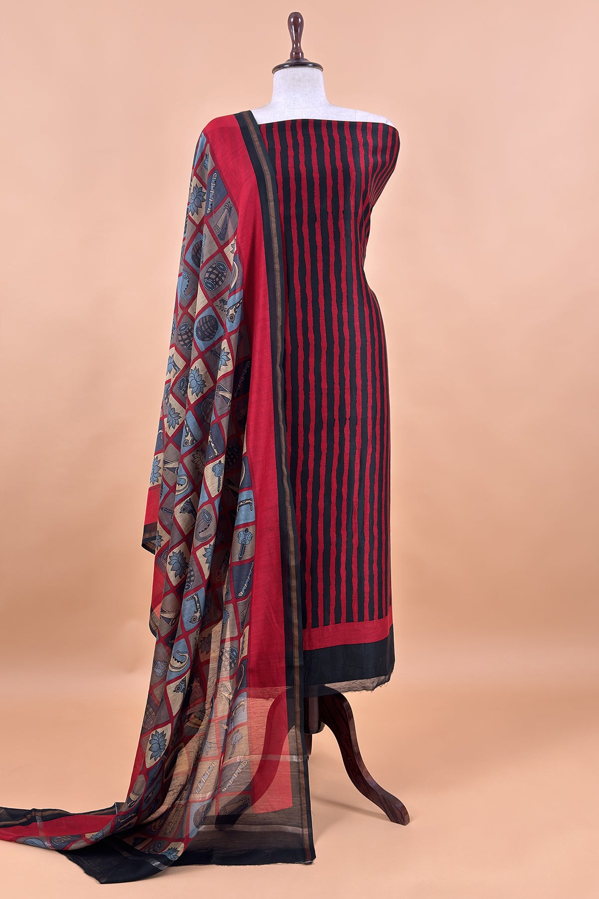 Black and Red Pure Maheshwari Silk suit With Hand-block Print Dupatta