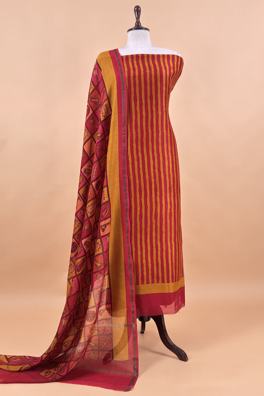 Red and Yellow Pure Maheshwari Silk suit With Hand-block Print Dupatta