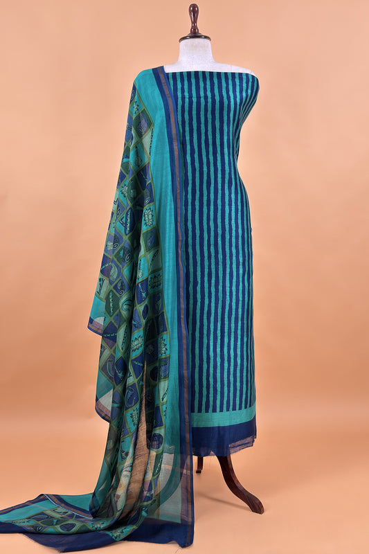 Turquoise and Blue Pure Maheshwari Silk suit With Hand-block Print Dupatta