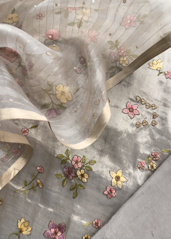 Luxe Silver Gray Pure Silk Suit And Kora Silk Dupatta With Sequins And Bharwa Embroidery