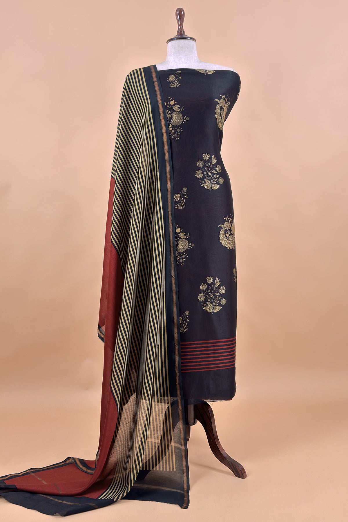 Black Maheshwari Silk Suit With Stripe Dupatta