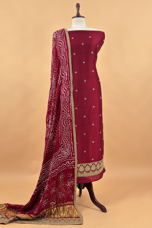 Sabhya Red Bandhani Pure silk Unstitched Suit with Dori and Dabka Handwork