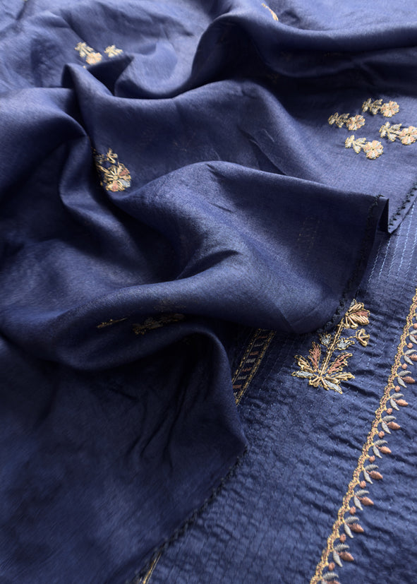 Sahiba 2025 Sangria Blue Pintuck Handloom Desi Tussar Suit With Zardosi And Resham Embroidery