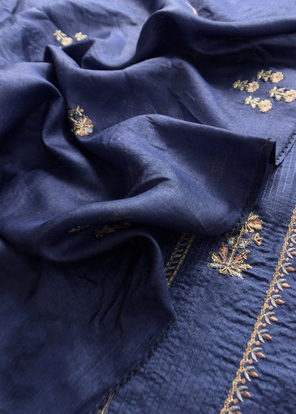 Sahiba 2025 Sangria Blue Pintuck Handloom Desi Tussar Suit With Zardosi And Resham Embroidery