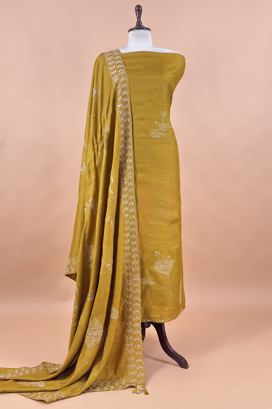 Yellow Pure Tussar Silk Suit With Kantha Embroidery