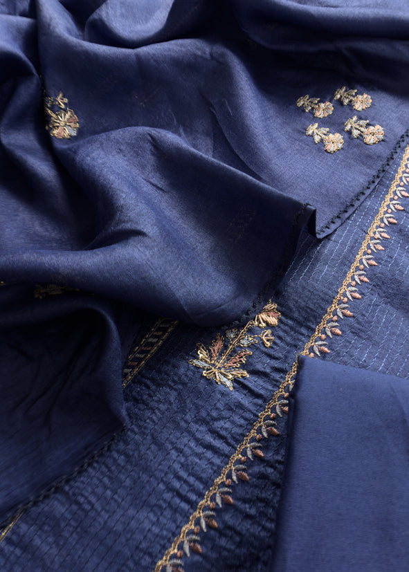 Sahiba 2025 Sangria Blue Pintuck Handloom Desi Tussar Suit With Zardosi And Resham Embroidery
