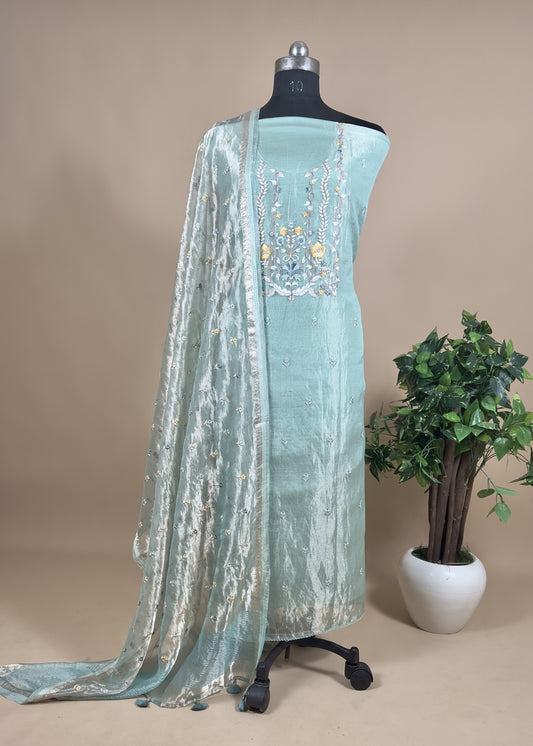 Green Pure Handwoven Tissue Silk Suit