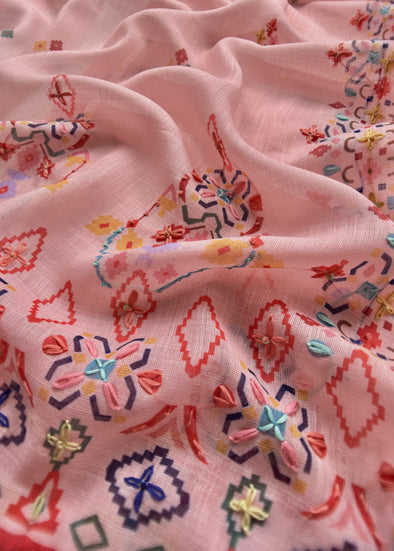 Pink Linen Unstitched Suit With Kantha Work
