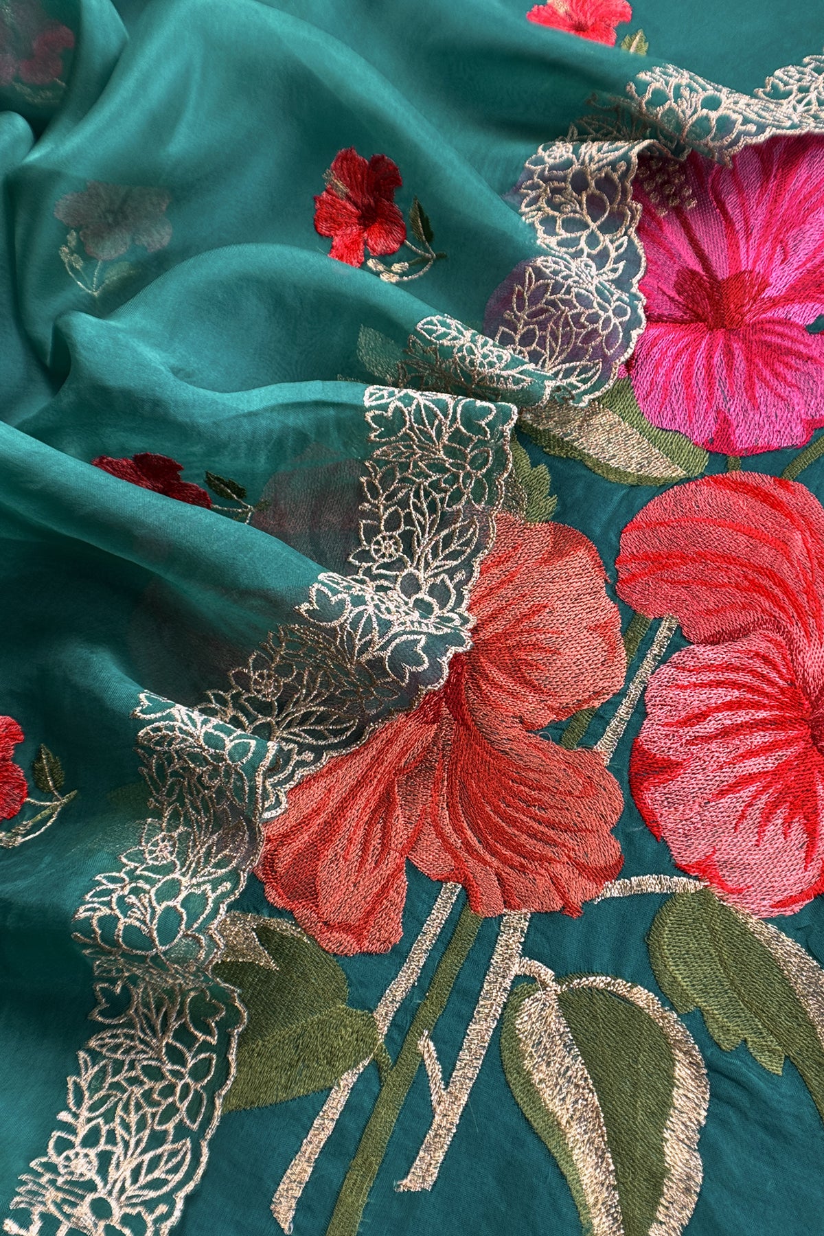 Teal blue Pure Organza Unstitched Suit With Tropical Hibiscus Embroidery
