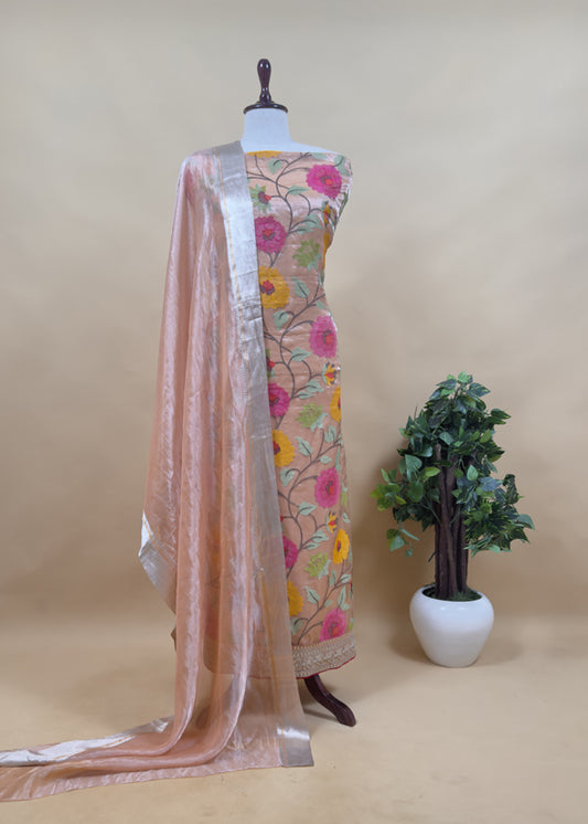 Luxe Sunset Orange Handloom Tissue Silk Suit with Sequin And Bharwa Resham Embroidery