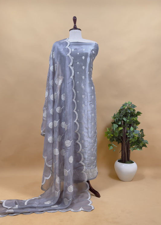 Luxe English Blue Handloom Silk Suit With Kora Silk Dupatta Adorned With Gold Pitta Work And Resham Embroidery