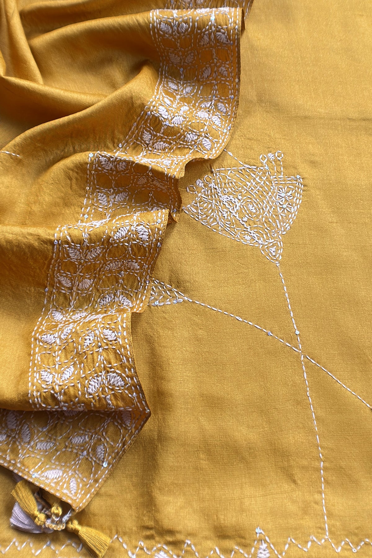 Yellow Pure Tussar Silk Suit With Kantha Embroidery