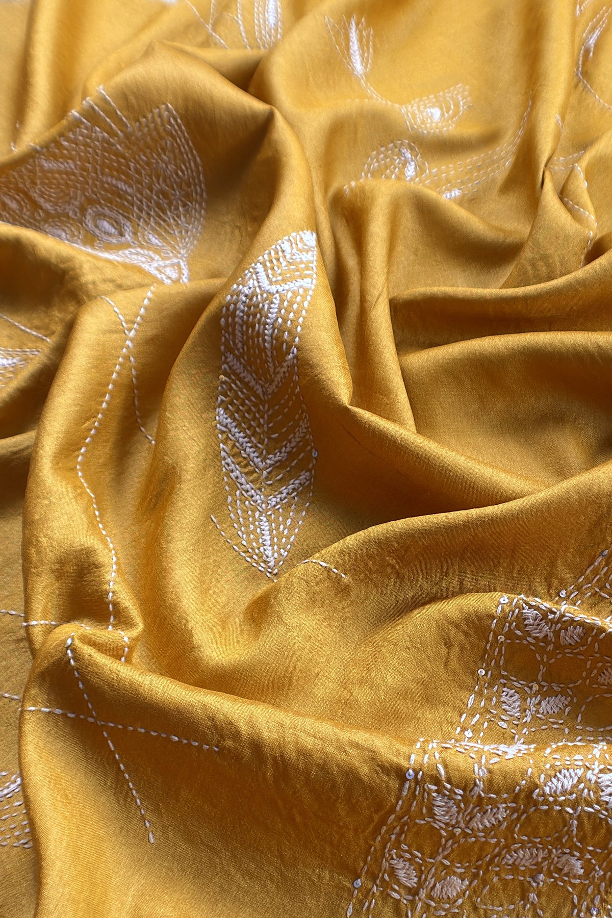 Yellow Pure Tussar Silk Suit With Kantha Embroidery