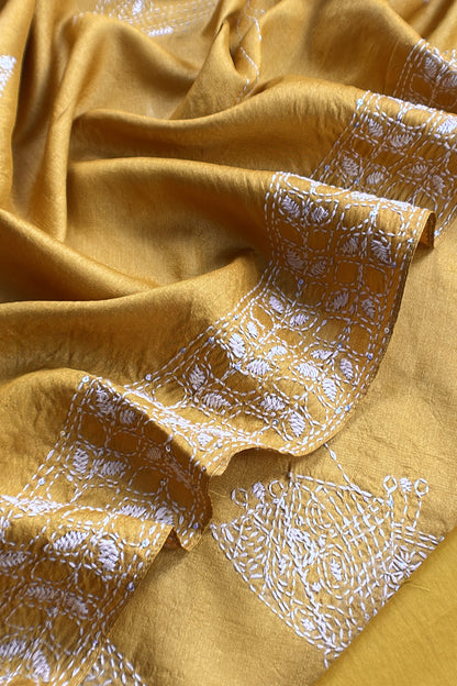 Yellow Pure Tussar Silk Suit With Kantha Embroidery