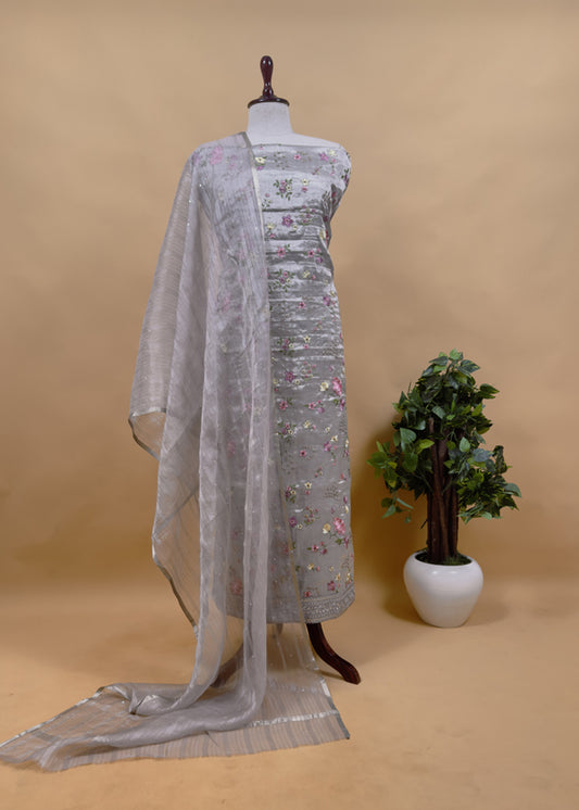 Luxe Silver Gray Pure Silk Suit And Kora Silk Dupatta With Sequins And Bharwa Embroidery