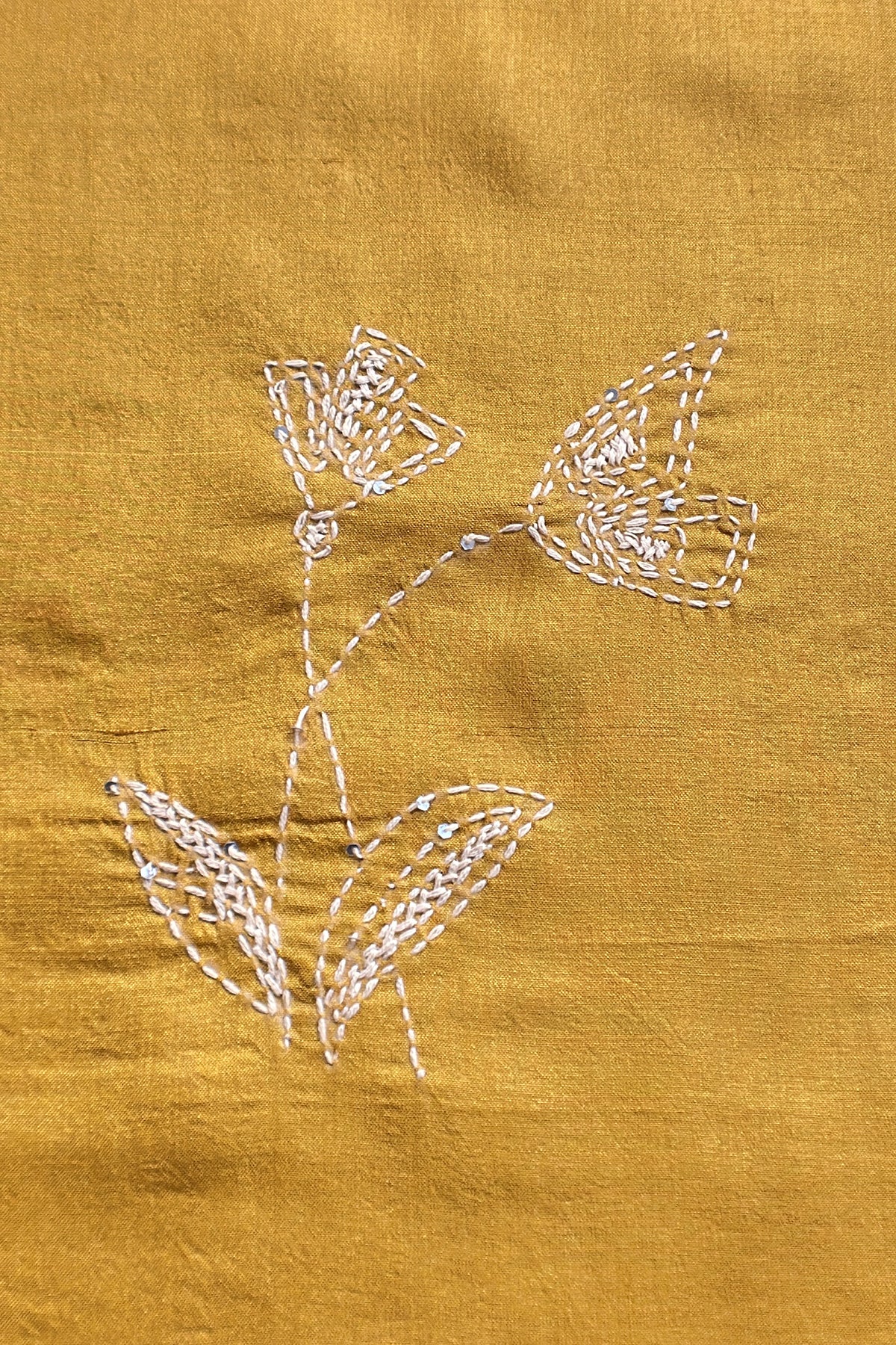 Yellow Pure Tussar Silk Suit With Kantha Embroidery