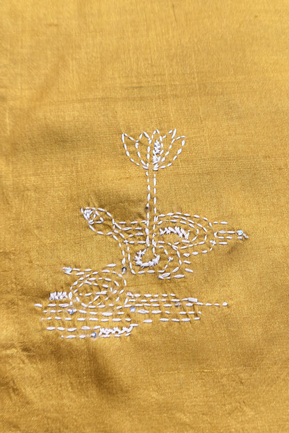 Yellow Pure Tussar Silk Suit With Kantha Embroidery