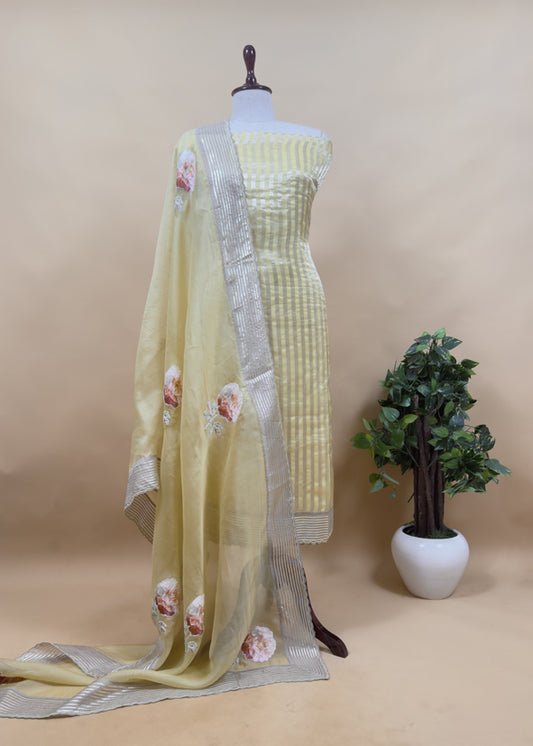 Pastel Yellow Luxe Zari Woven Handloom Kora Silk Suit Fabric With Gotapatti, Appliqué And Kantha Stitch Handwork