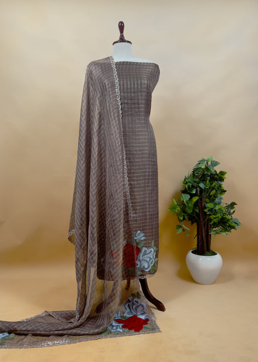Luxe Walnut Brown Handloom Self Woven Tissue Silk Suit Fabric With Pitta Work And Bharwa Embroidery