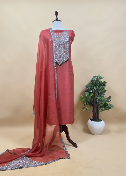 Rangreza 2025 Reddish Brown Luxe Handloom Raw Silk Kurta and Kora Silk dupatta with Handwork
