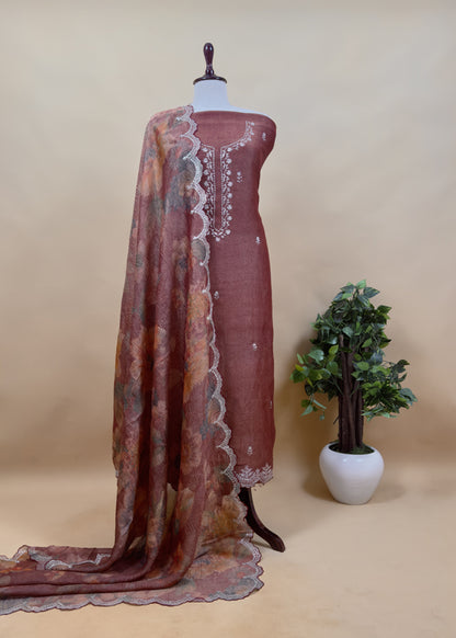 Chocolate Brown Handloom Crushed Tissue Silk Kurta And Brushprint Dupatta With Gold Pitta Work