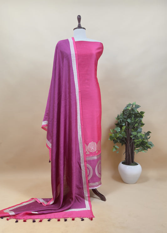 Luxe Pink And Purple Designer Handwoven Silk Suit Fabric With Zari Weaving