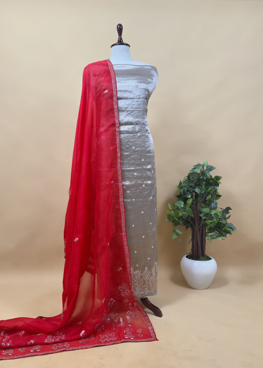 Luxe Golden Red Dulhan Handloom Tissue Silk Kurta And Kora Silk Dupatta With Pitta Hand Work