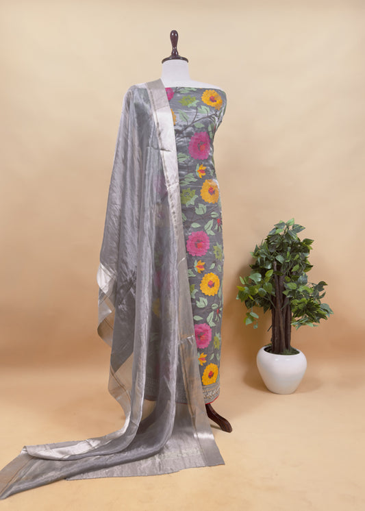 Luxe Steel Gray Handloom Tissue Silk Suit With Sequin And Bharwa Resham Embroidery