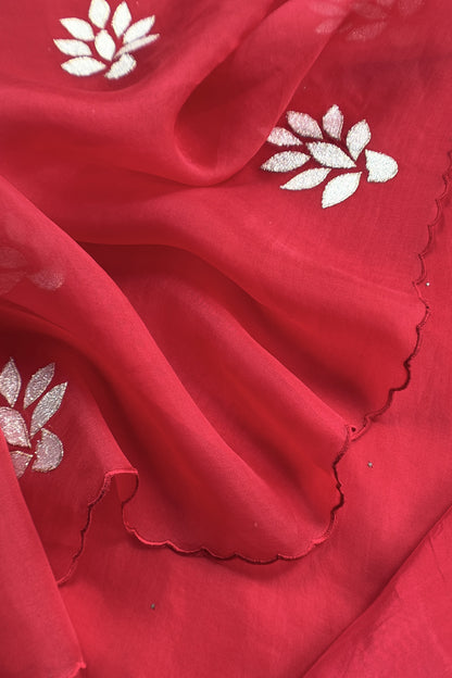 Red Premium Kora Silk Suit With Gota Patti Applique Work