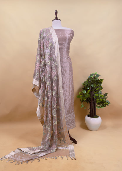 Luxe Powder Blue Handloom Tissue Silk Suit Adorned With Gold Pitta Work And Resham Embroidery