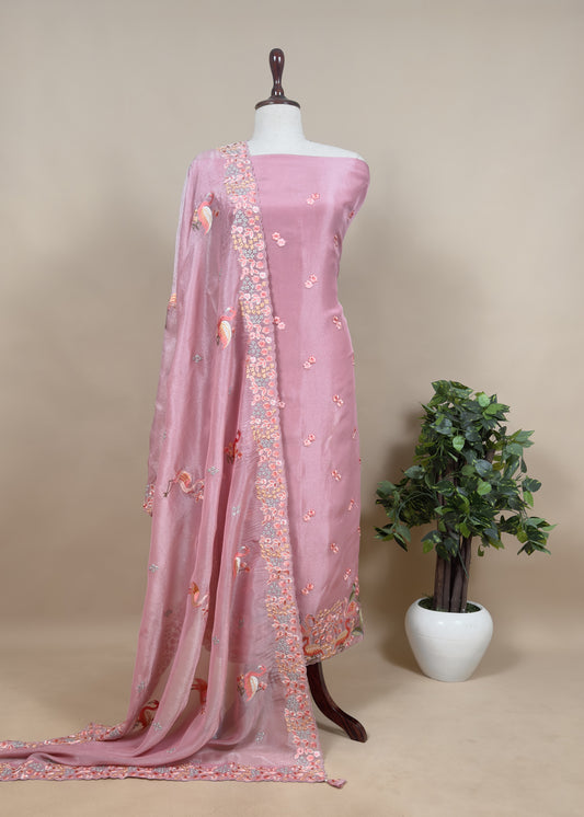 Pastel Pink Flamingo Embroidered Unstitched Suit In Tissue Silk