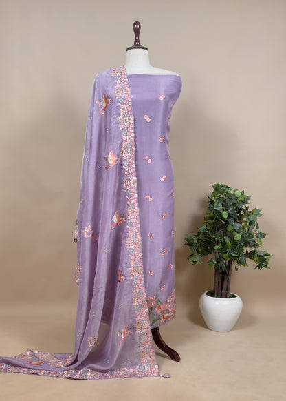 Pastel Pink Flamingo Embroidered Unstitched Suit In Tissue Silk