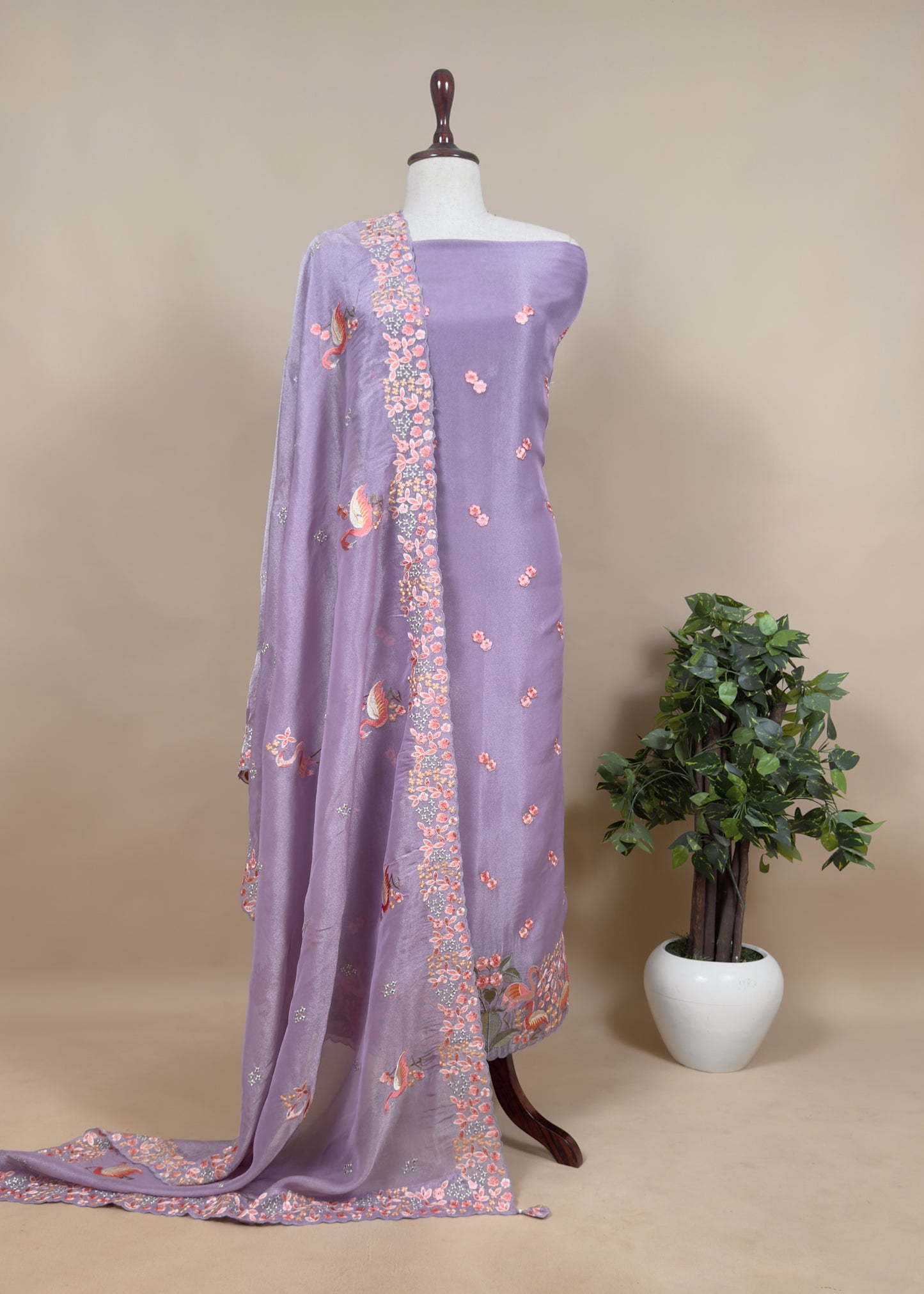 Mauve Flamingo Embroidered Unstitched Suit In Tissue Silk