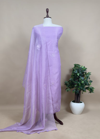 Flamingo Pink Unstitched Suit with Applique Work In Linen Tissue