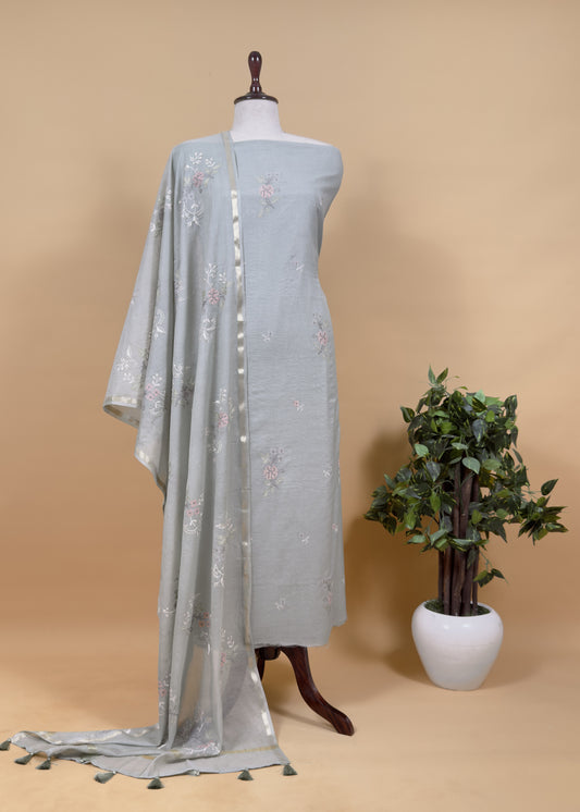 Sage Green Pure Mul Cotton Suit with Cross Stitch Embroidery