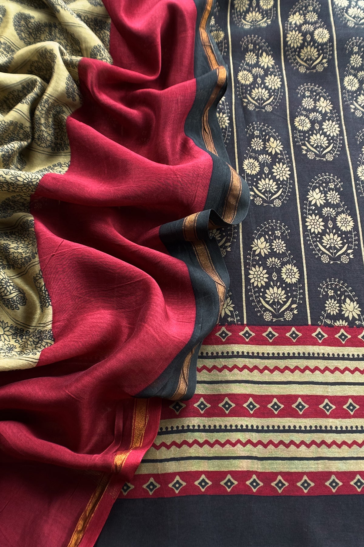 Black Maheshwari Silk Suit With Paisley Dupatta
