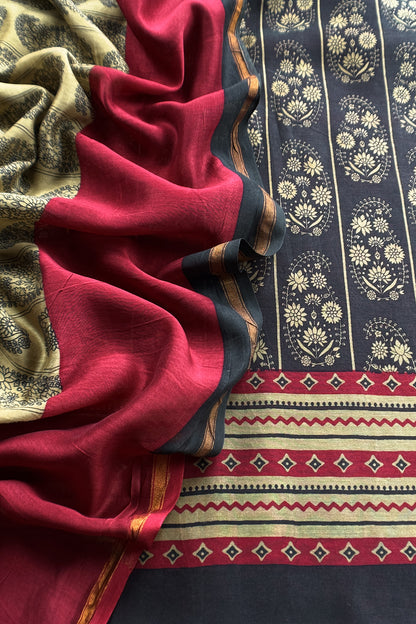 Black Maheshwari Silk Suit With Paisley Dupatta