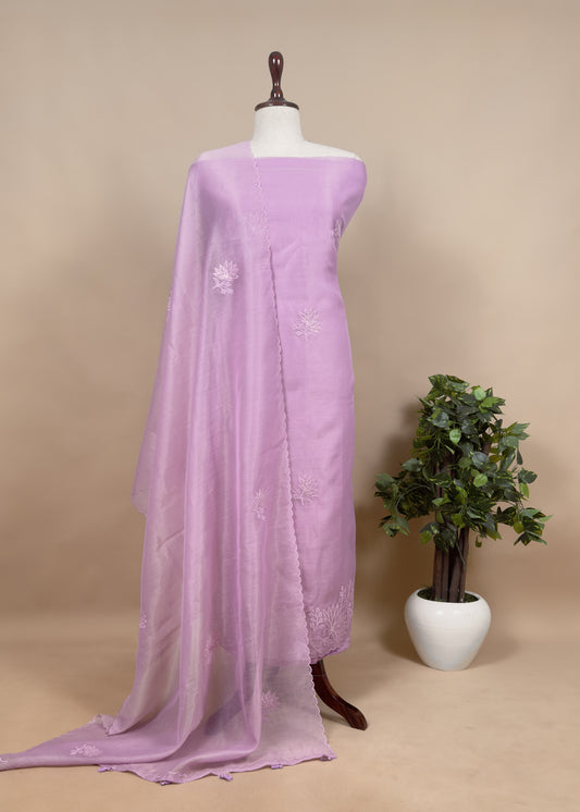 Pastel Purple Unstitched Suit with Applique Work In Linen Tissue