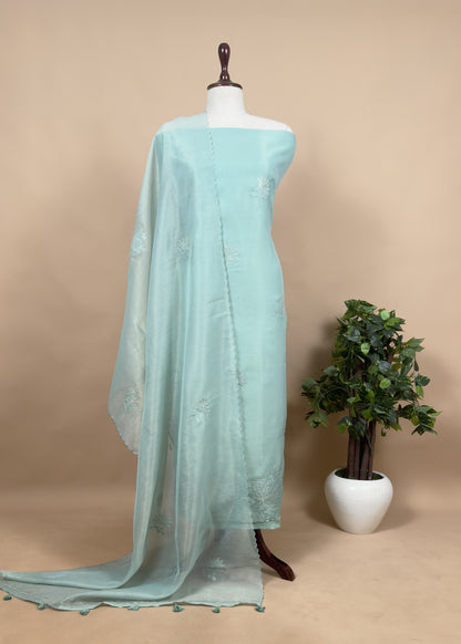 Flamingo Pink Unstitched Suit with Applique Work In Linen Tissue