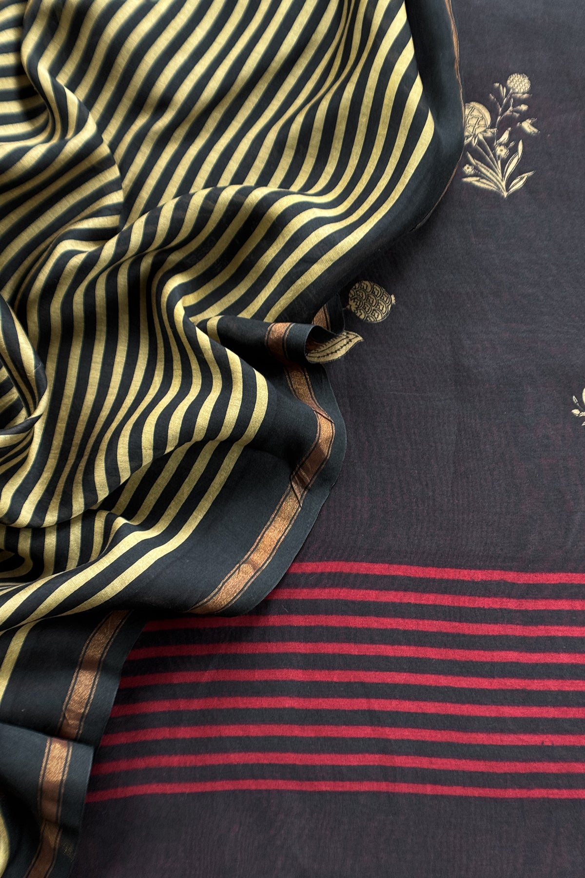 Black Maheshwari Silk Suit With Stripe Dupatta