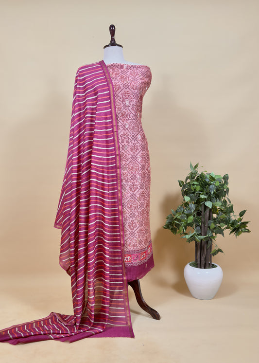 Peach And Wine Pure Maheshwari Silk Patola Kurta And Leheriya Dupatta With Banarasi Bootis