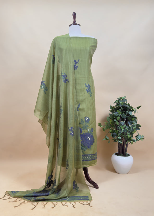 Raspberry Pink Floral Paradise Jute Linen Suit Fabric With Shaded Jamdani Weaving