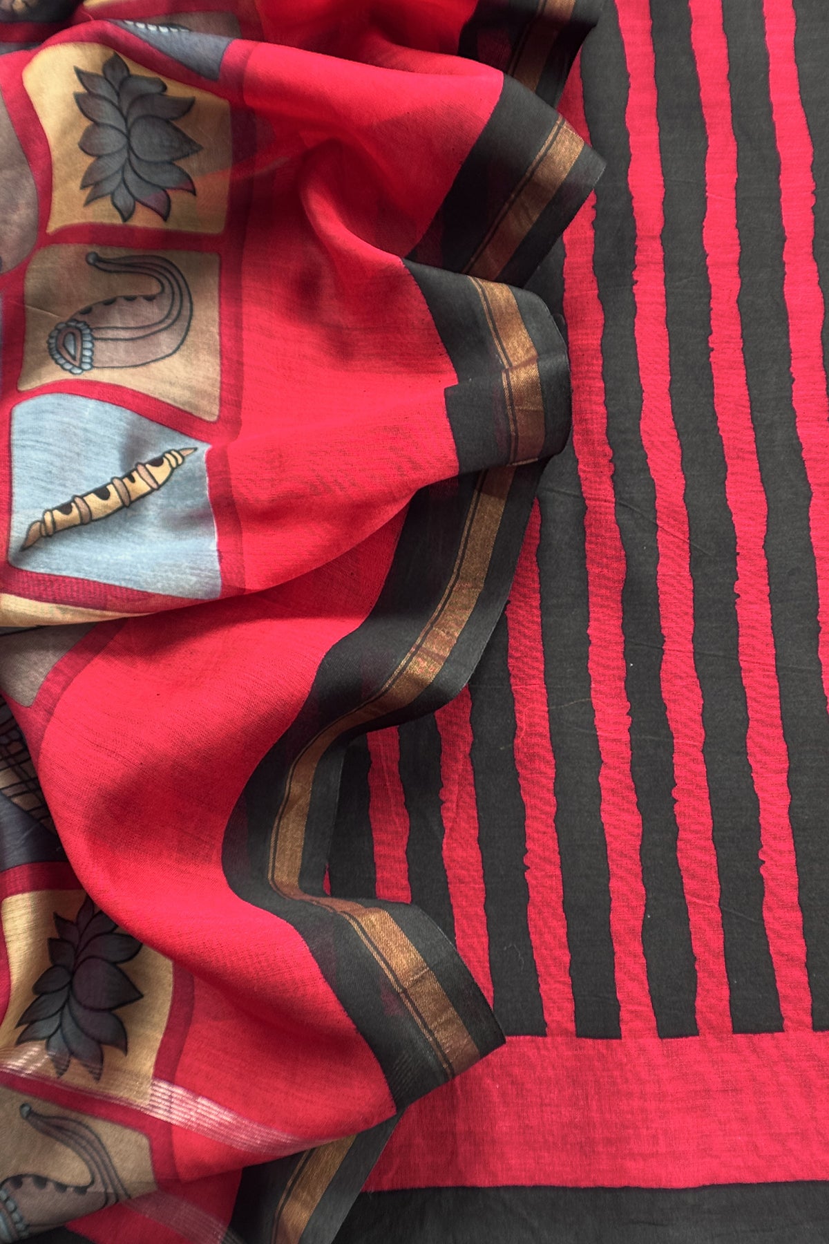 Black and Red Pure Maheshwari Silk suit With Hand-block Print Dupatta