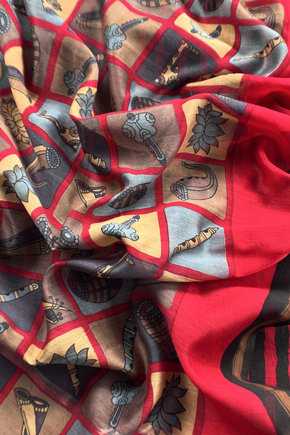 Black and Red Pure Maheshwari Silk suit With Hand-block Print Dupatta