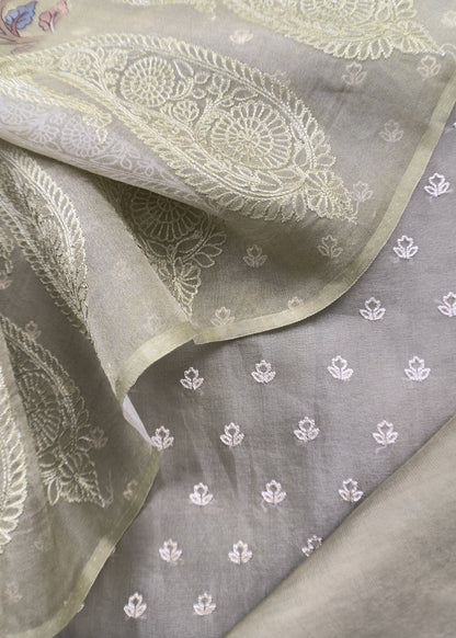 Green Embroidered Organza Unstitched Suit With Digital Print Dupatta